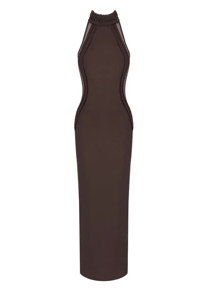 Brown dress with mesh detailing on a white background