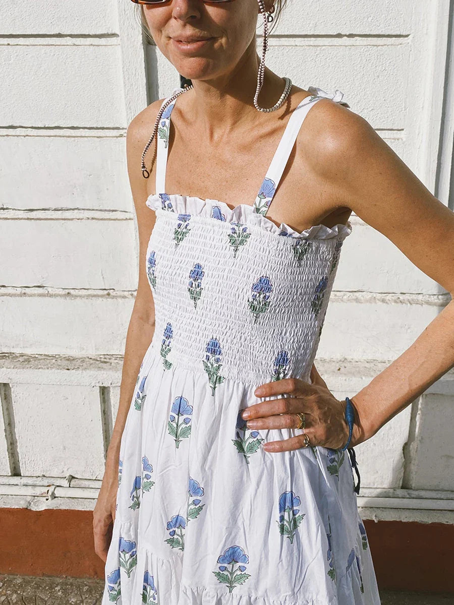 Blue & White Boho Floral Maxi Dress | Backless Empire Summer