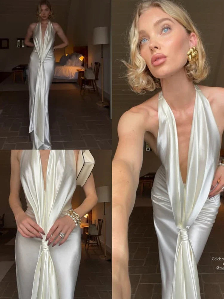 Satin Pleated Drape Front Tie-Up Long Dress