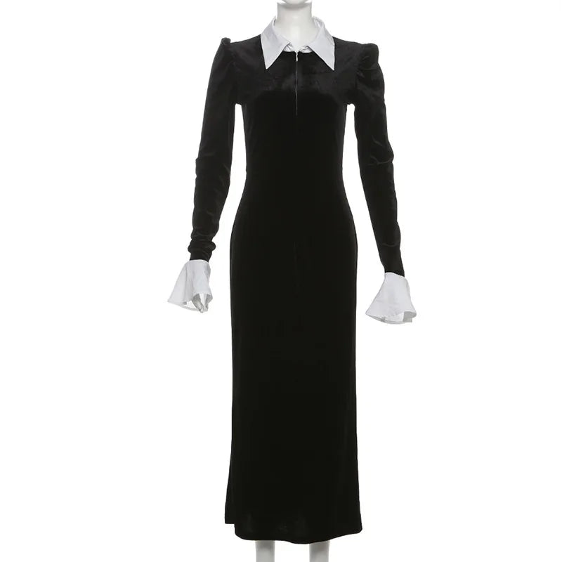 Black Velvet Turn-down Collar Zipper Maxi Dress