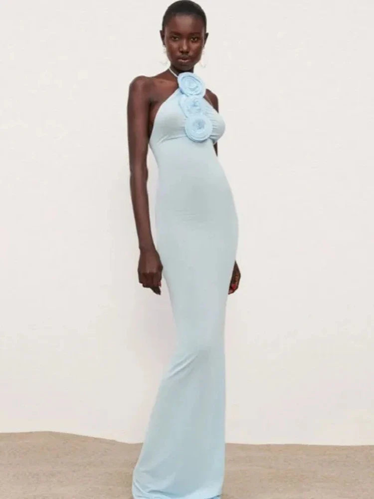 Light Blue Halter 3D Flower Dress |Bodycon Evening Gown