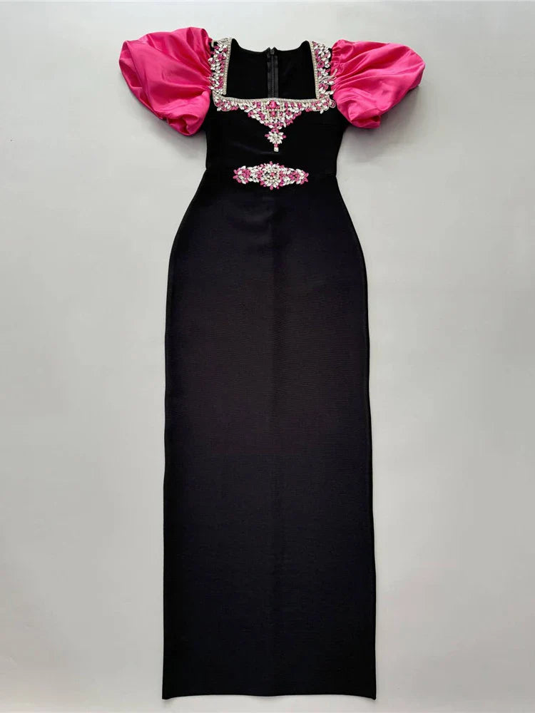 Black Dress with Pink Puff Sleeves - Square Neck Diamond Beaded Bandage Dress