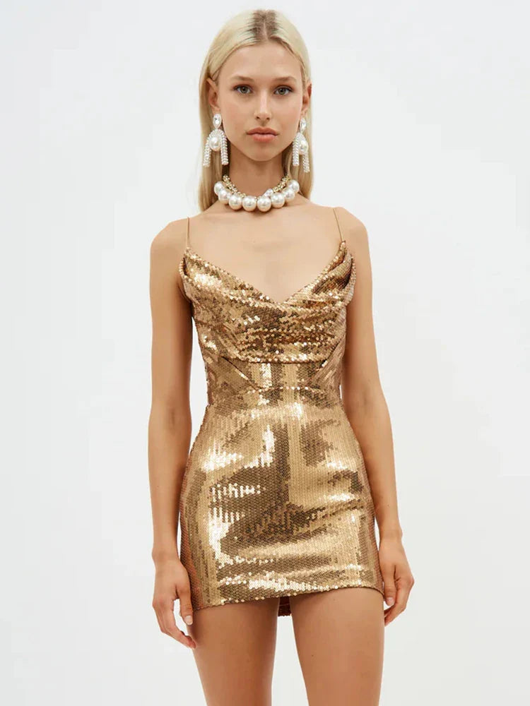 Gold Sequin Cowl-Neck Cami Mini Dress