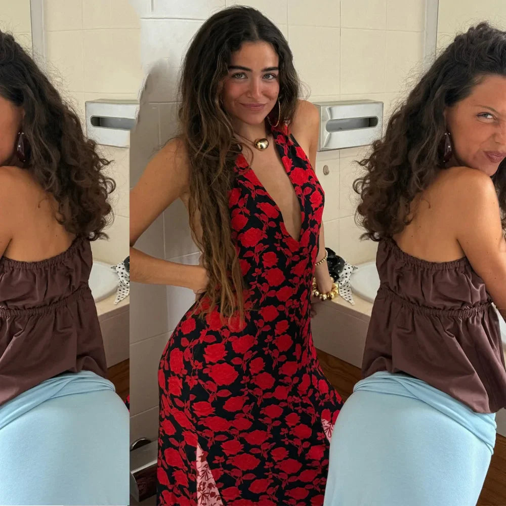 Red & Black Deep V Floral Halter Maxi Dress – Backless Party Gown