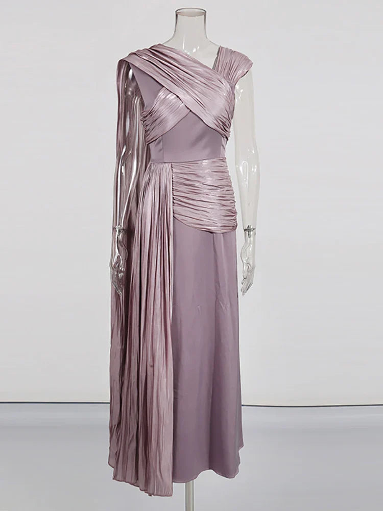 Purple Satin Pleated Folds Long Dress