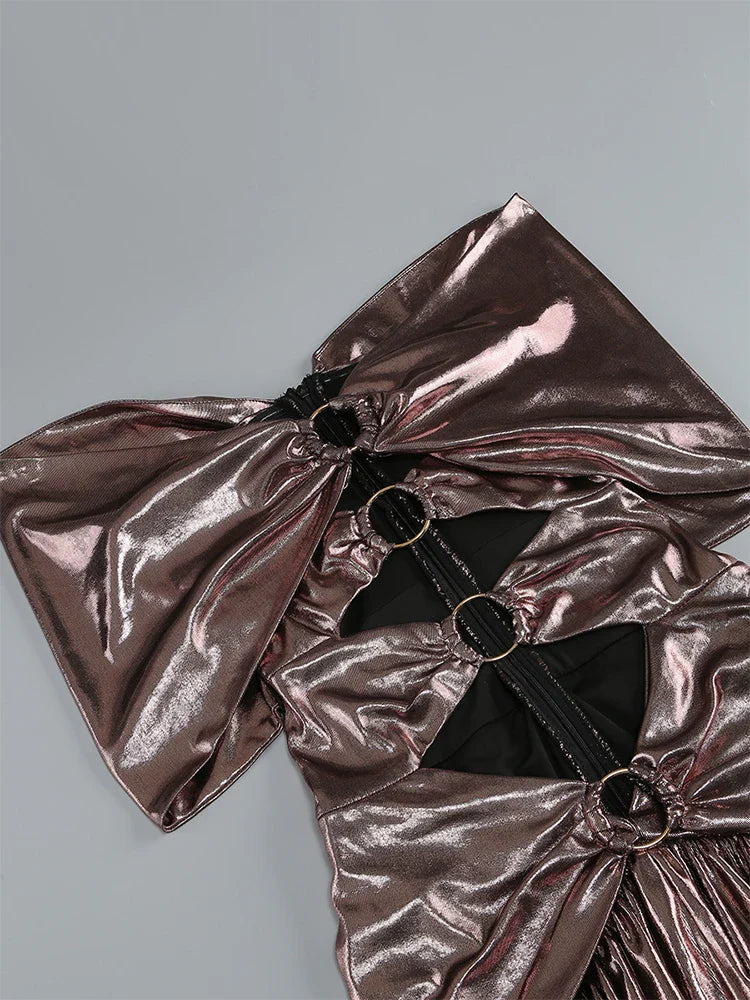 Brown Sequin Ring Cut Out Short Sleeve Drape Maxi Dress