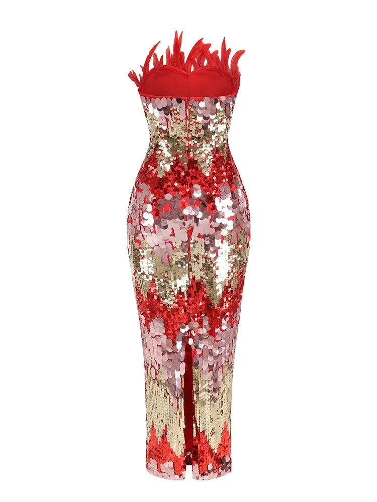 Red & Gold Feather Sequin Patchwork Strapless Gown