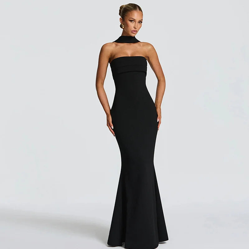 Strapless Maxi Dress with Sculpted Scarf Collar