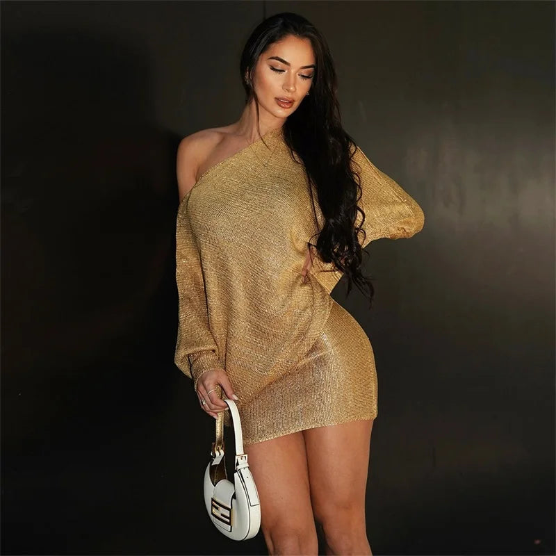 Gold Asymmetrical Sequin Long Sleeve One Shoulder Mini Dress