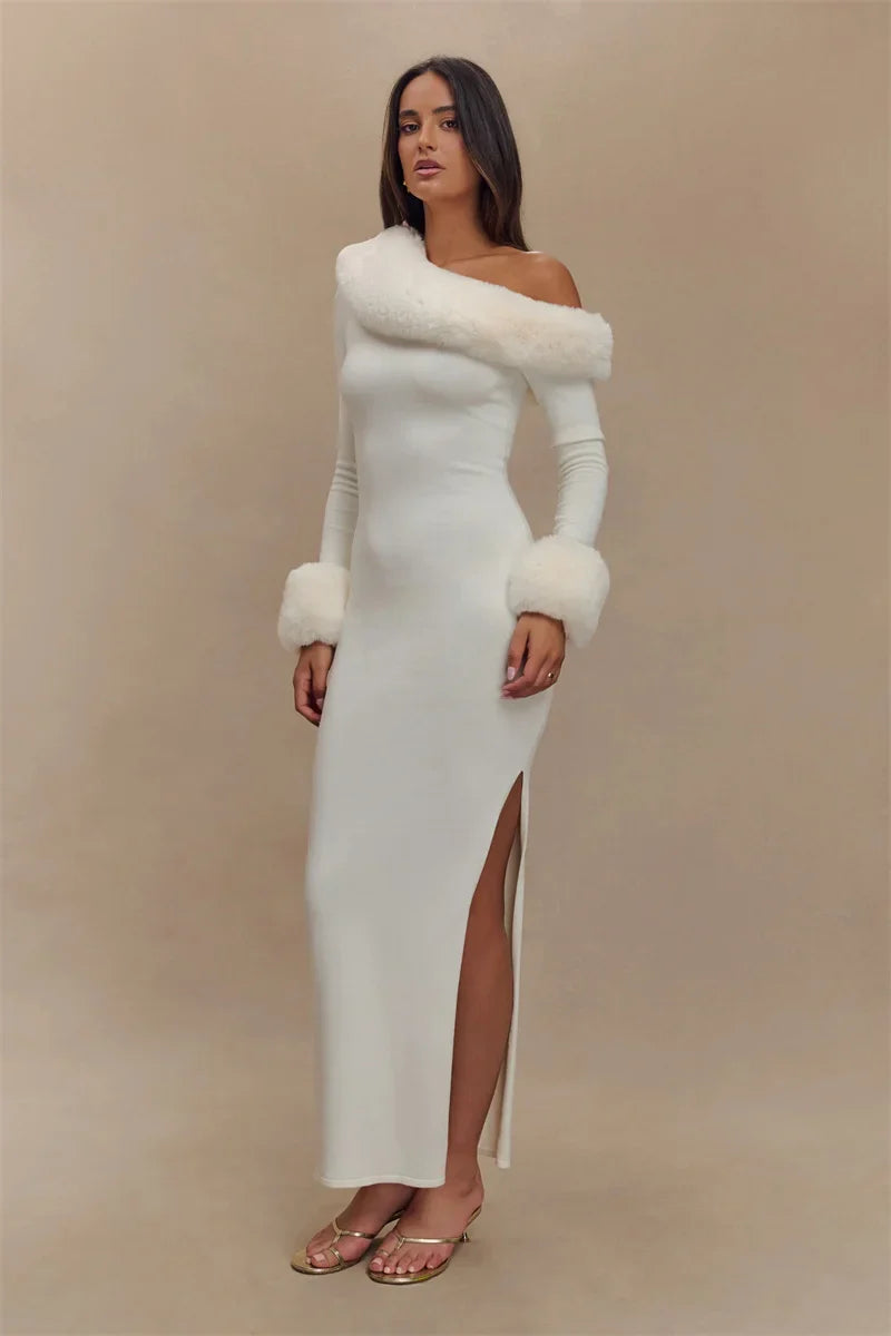 White Fur Trim Off-Shoulder Maxi Dress