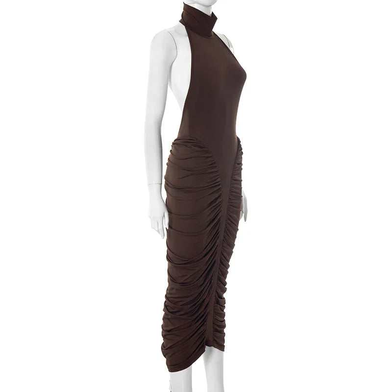 Brown Backless Ruched Dress | Sleeveless Night-Out Silhouette