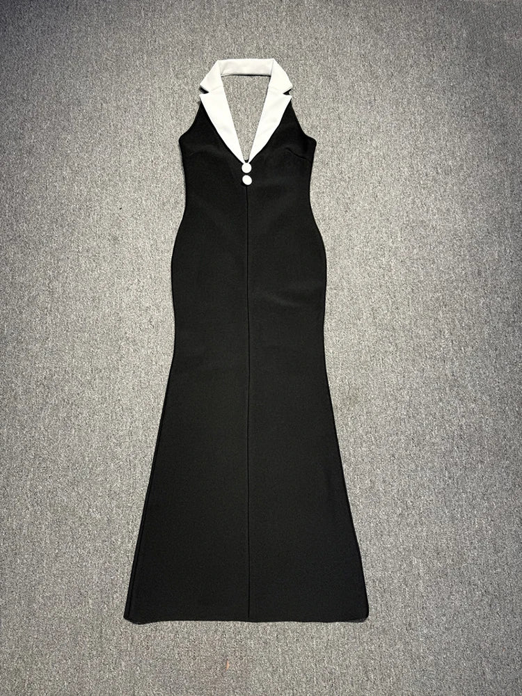 Black Contrast V Neck Button Bandage Maxi Dress