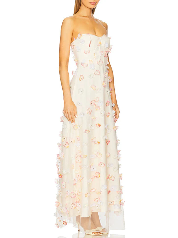 Beige Mesh Appliqué Strapless Gown – Floral Sleeveless Long Dress