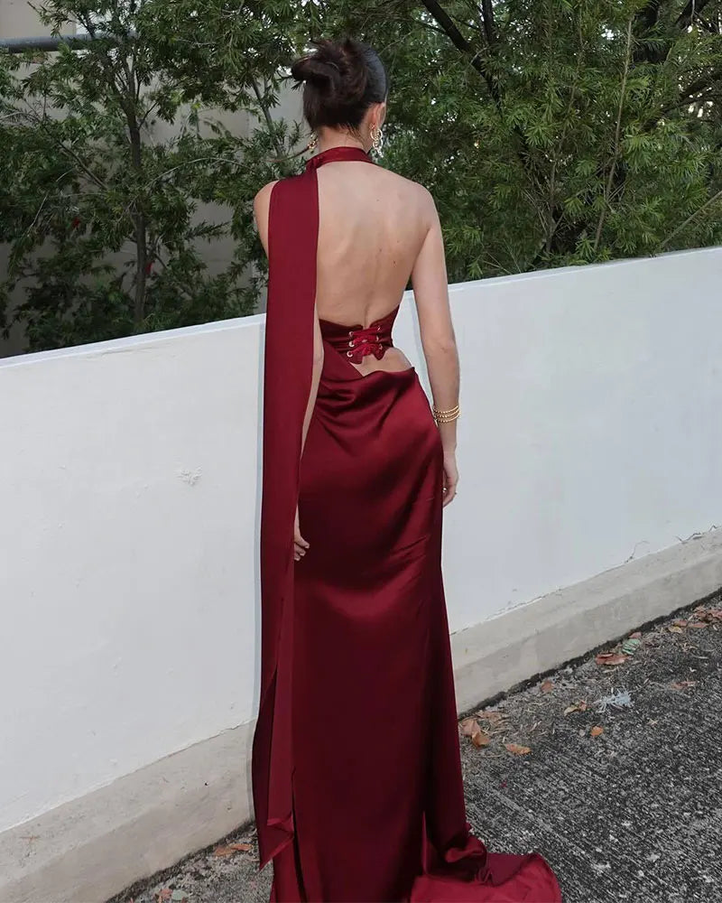 Burgundy Satin Halter Gown | Elegant Open-Back Evening Dress