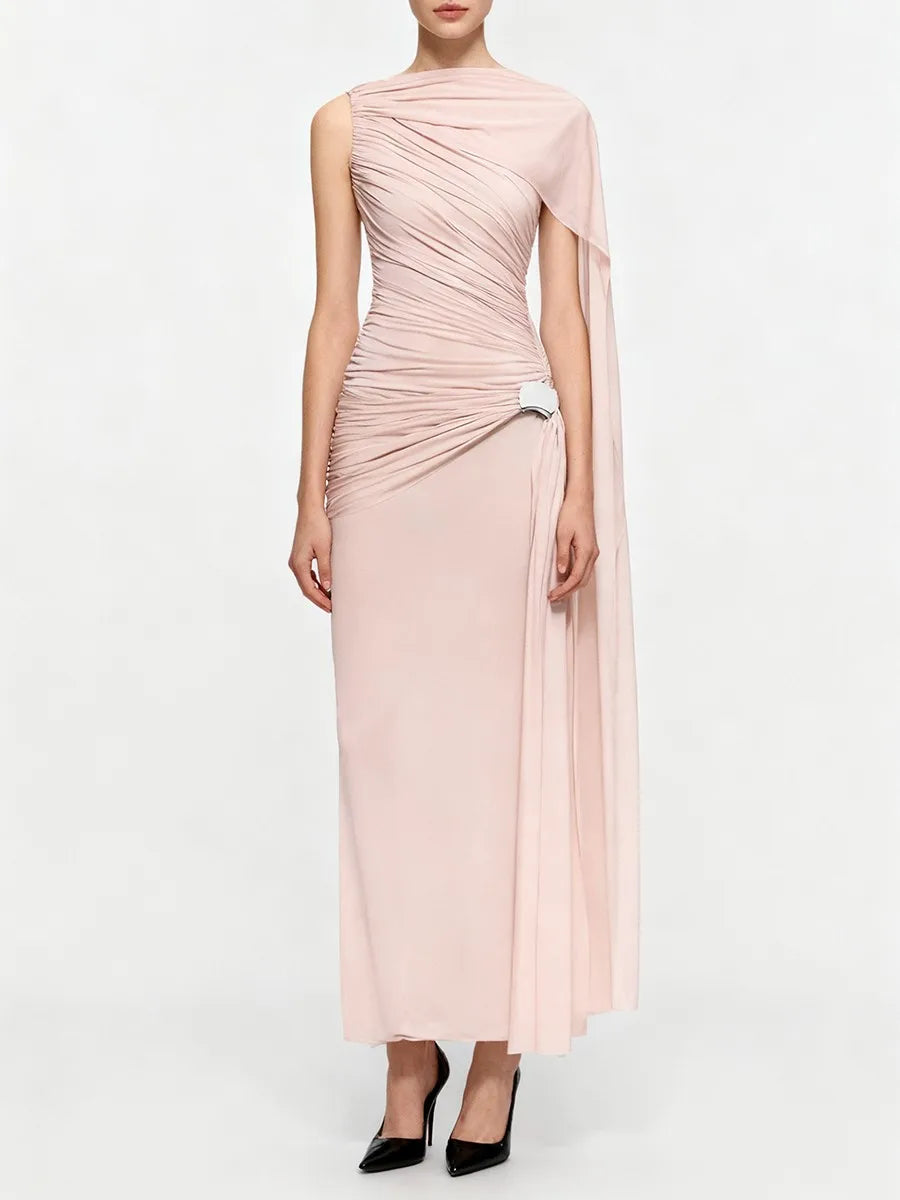 Pleated One-Shoulder Cape Maxi Dress with Round Neck