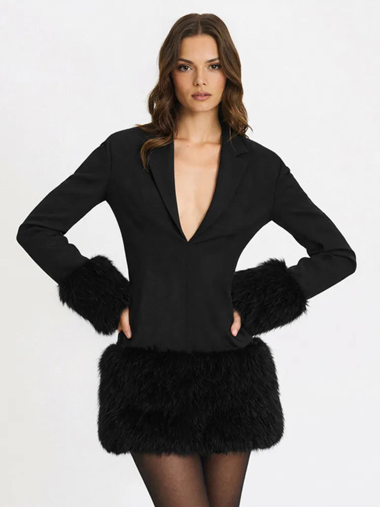 Black Fur-Trim Mini Blazer Dress with Deep V Neck