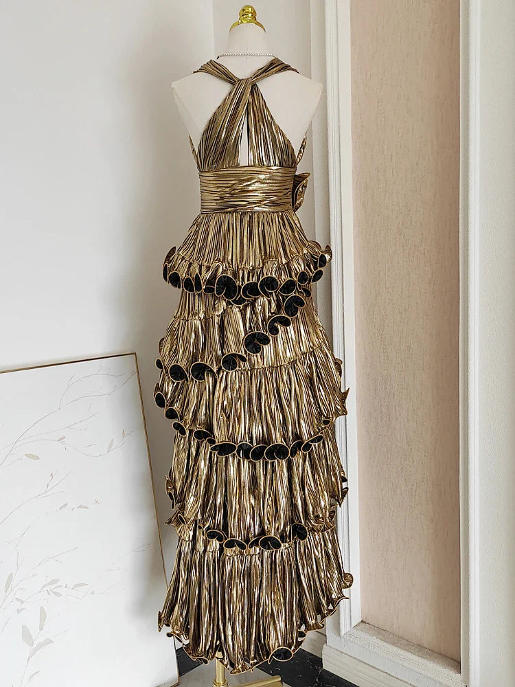 Metallic Tiered Halter Maxi Dress with Frill Layers