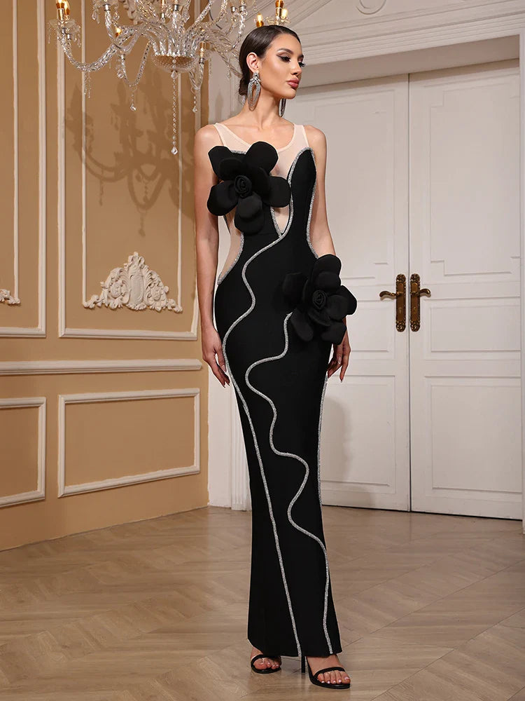 Pink Mesh Flower Diamond Split Bandage Dress | Sparkly Sleeveless Evening Gown