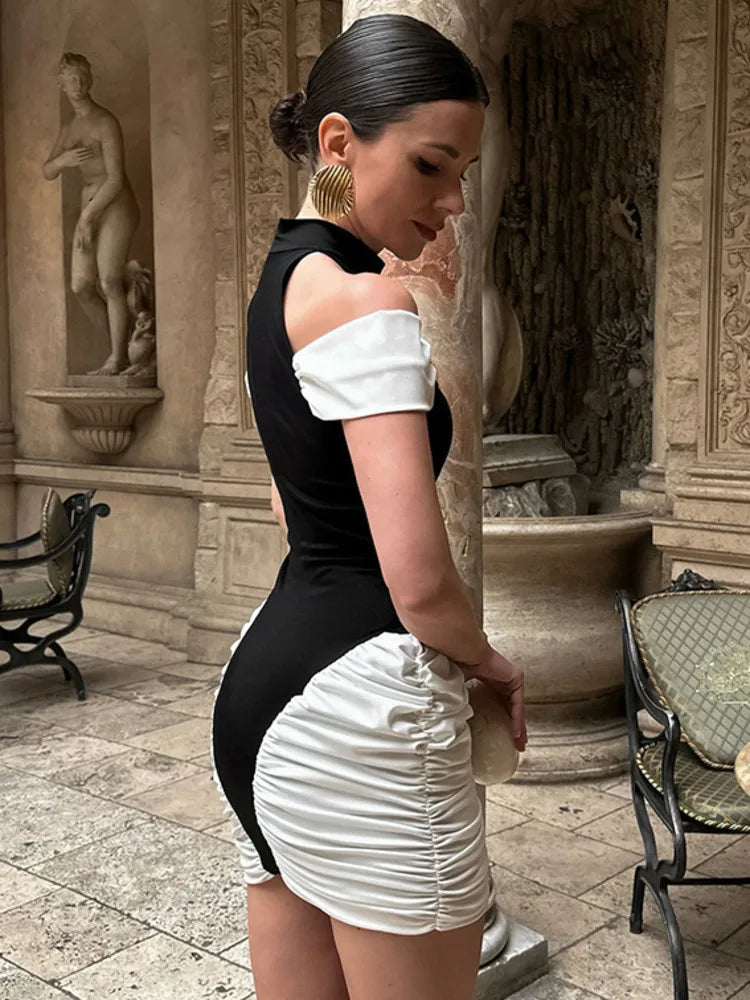 Black & White Off-Shoulder Patchwork Mini Dress – Ruched Pleated Club Look