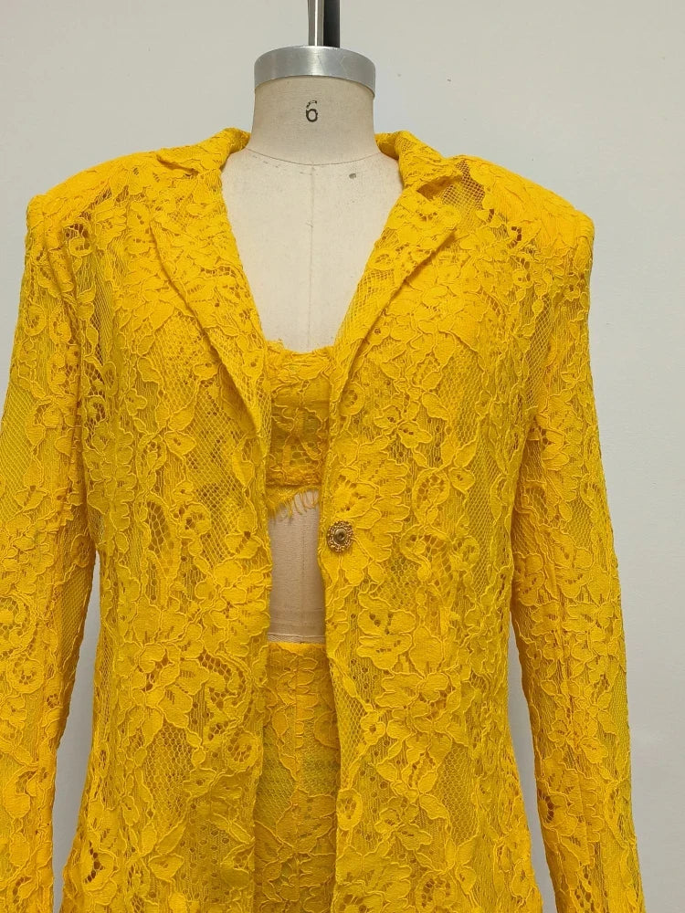 Yellow Lace 3-Piece Suit Set | Blazer, Top & Shorts Evening Wear