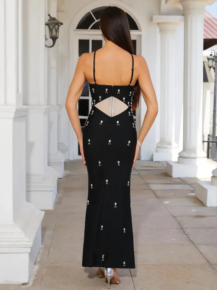 Black Diamonds Mesh Bandage Dress | Spaghetti Strap Luxury Gown