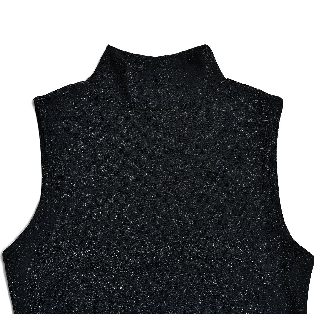 Shiny High-Neck Sleeveless Wrap Maxi Dress