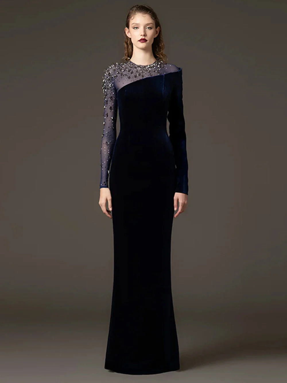 Blue Velvet Sheath Gown with Beaded Mesh Sleeves
