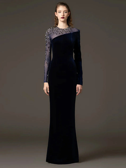 Blue Velvet Sheath Gown with Beaded Mesh Sleeves