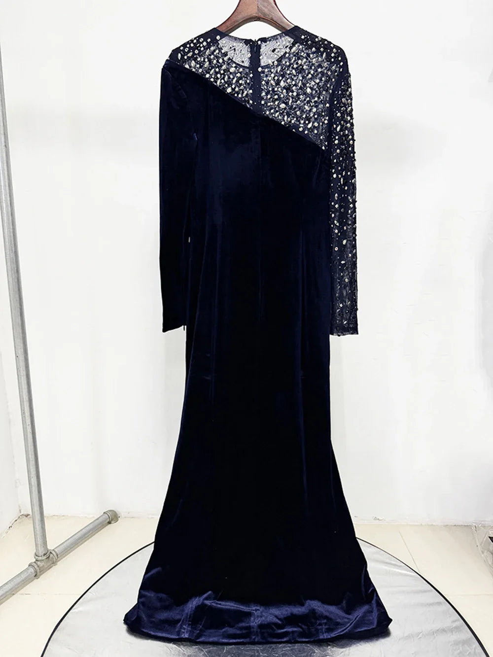 Blue Velvet Sheath Gown with Beaded Mesh Sleeves