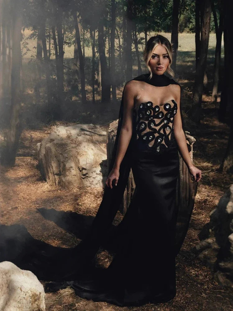 Black Strapless Patchwork Bandage Dress | Backless Long Gown