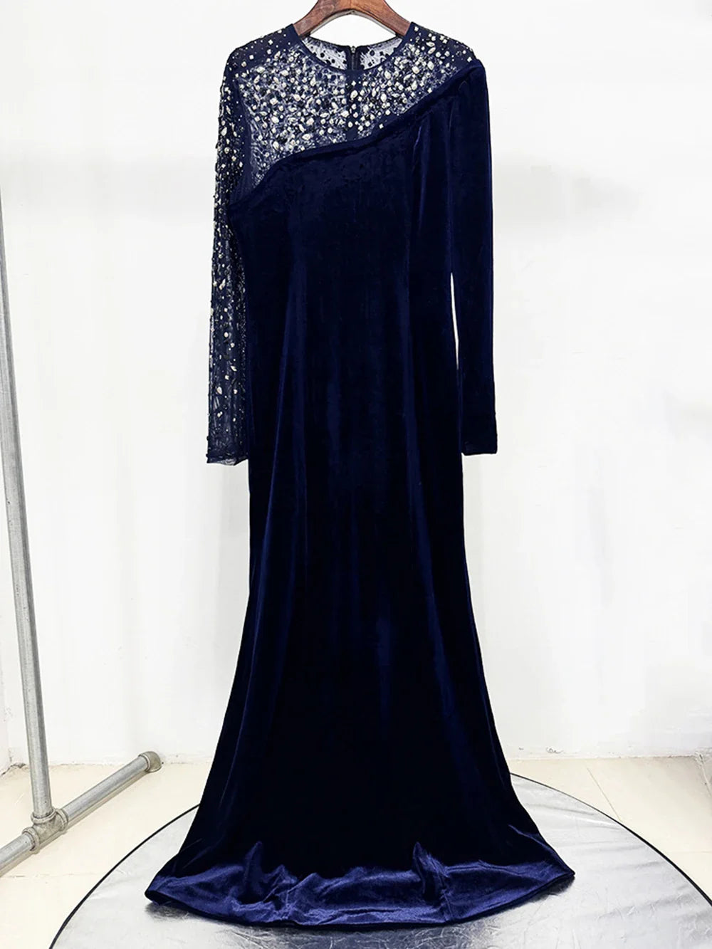 Blue Velvet Sheath Gown with Beaded Mesh Sleeves