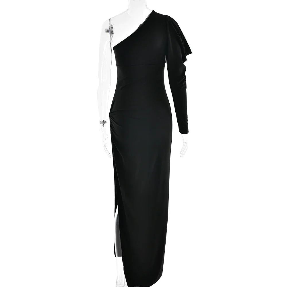 One-Shoulder Black Maxi Dress | Elegant Split Evening Gown