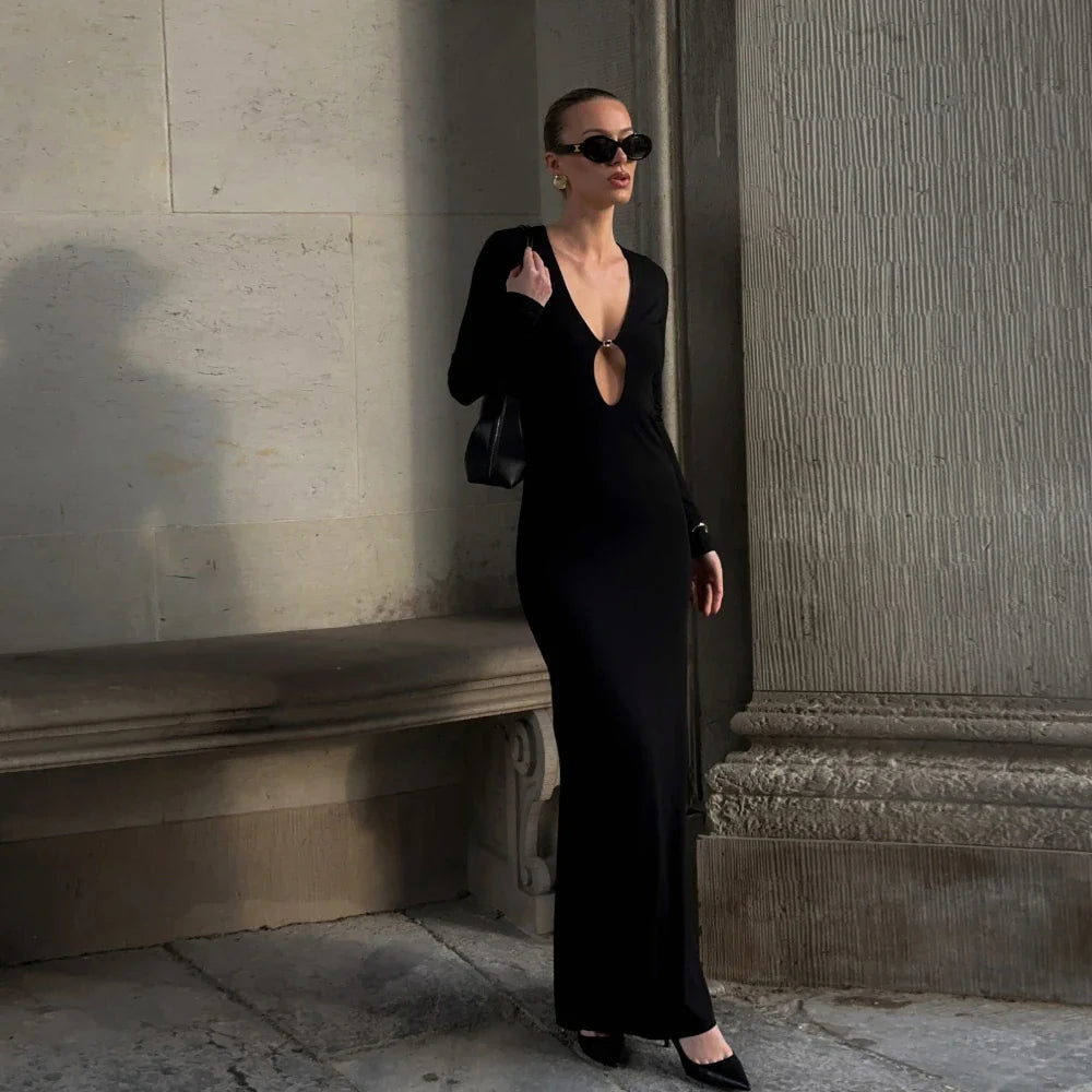 Black Cutout Sheath Maxi Dress | Long Sleeve Ankle-Length Glam
