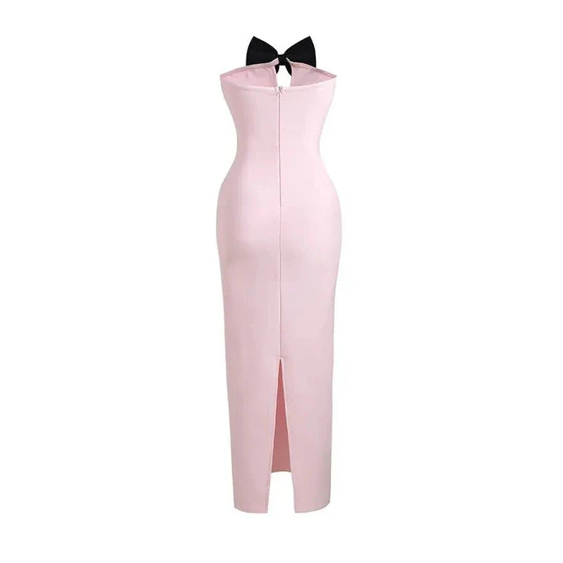 Pink Strapless Bandage Mid-Calf Dress