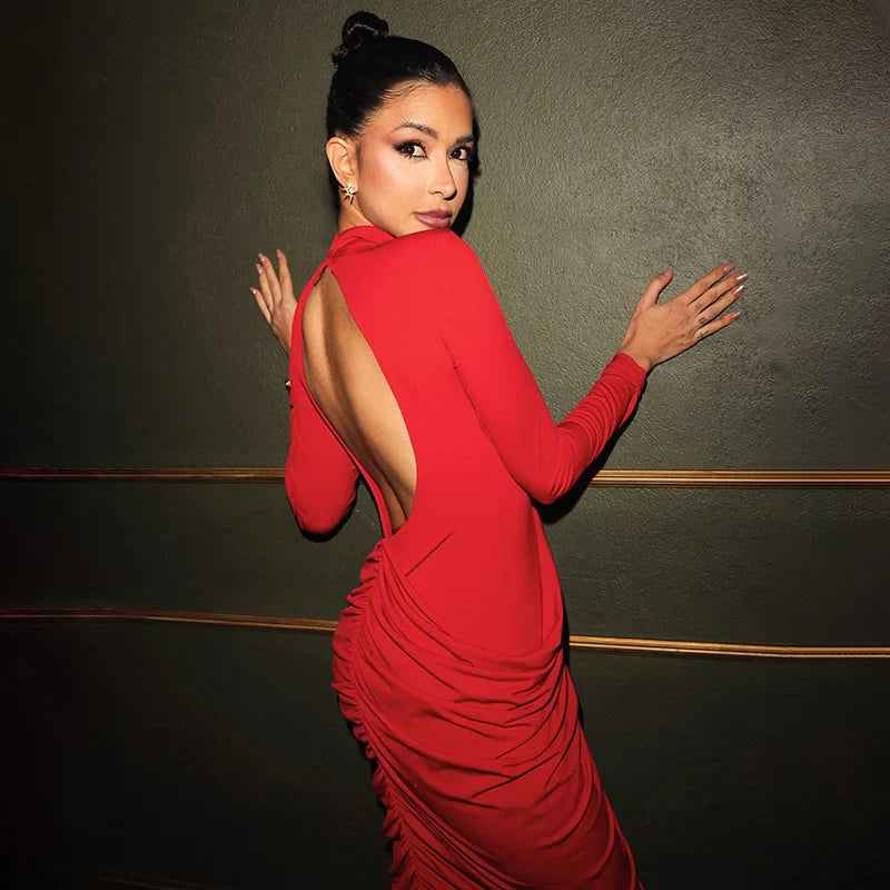 Turtleneck Ruched Long Sleeve Maxi Dress