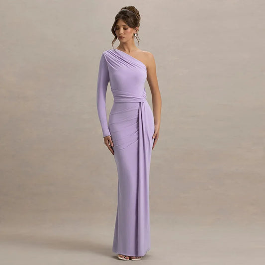Long Sleeve One-Shoulder Tie Up Drape Maxi Dress