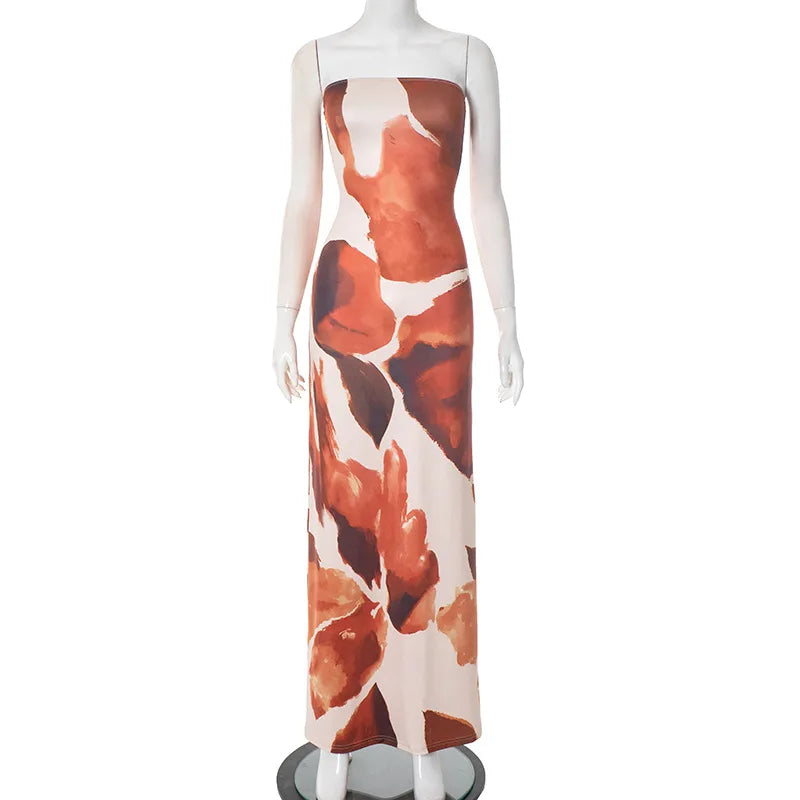 Elegant Strapless Abstract Print Maxi Dress