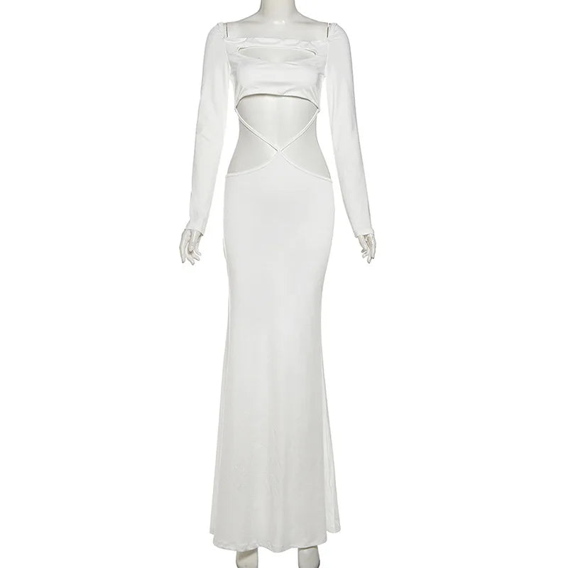 White Cut-Out Slash Neck Maxi Dress | Knit Party Statement