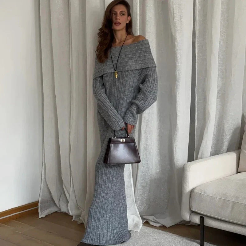 Knitted Off-Shoulder Long-Sleeved Maxi Dress