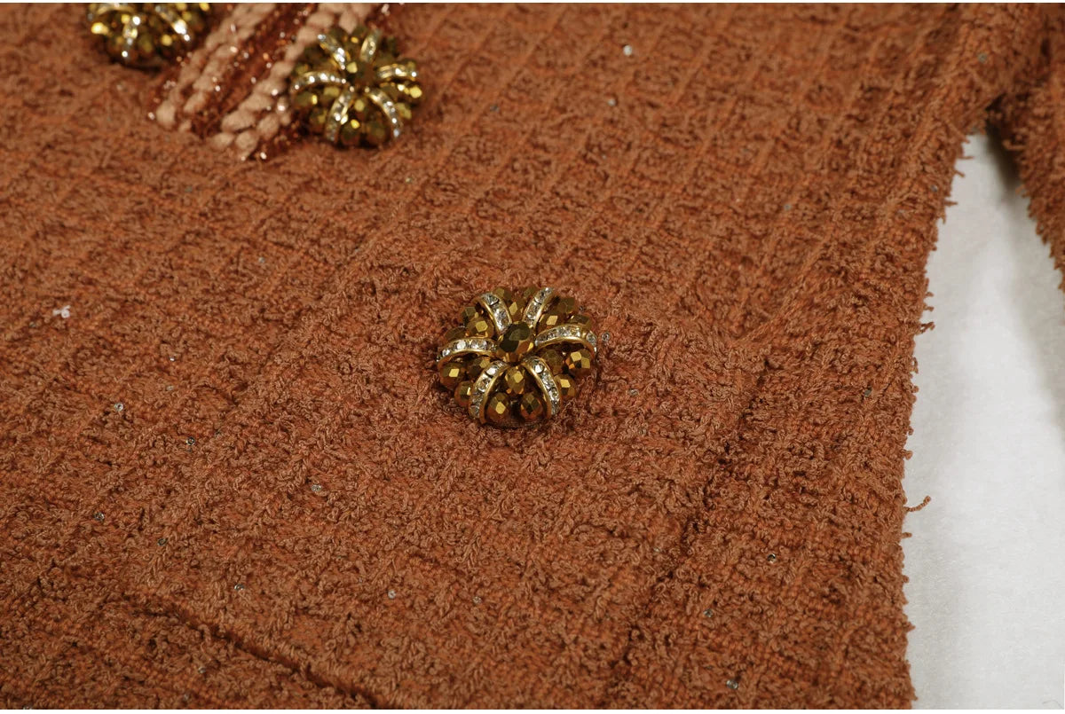 Knit Crystal Beaded Formal Sweater Dress – Double-Breasted Mid-Calf Dress