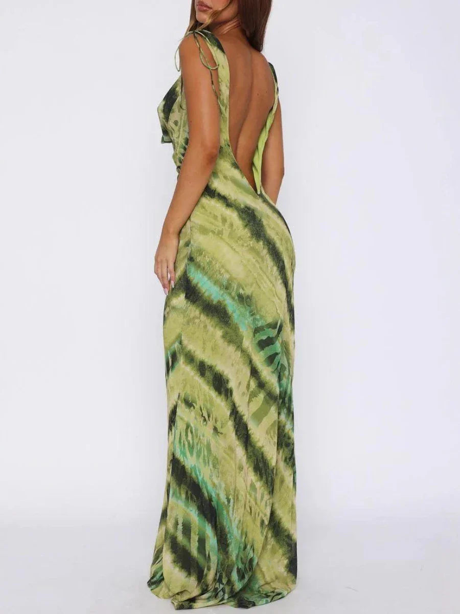 Green Printed Cowl Tie Up Maxi Dress