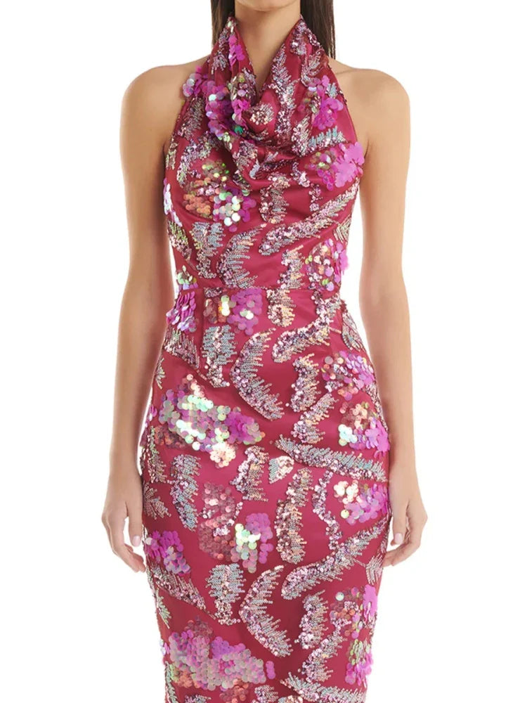 Pink Halter Sequin Midi Dress with Draped Neck Detail