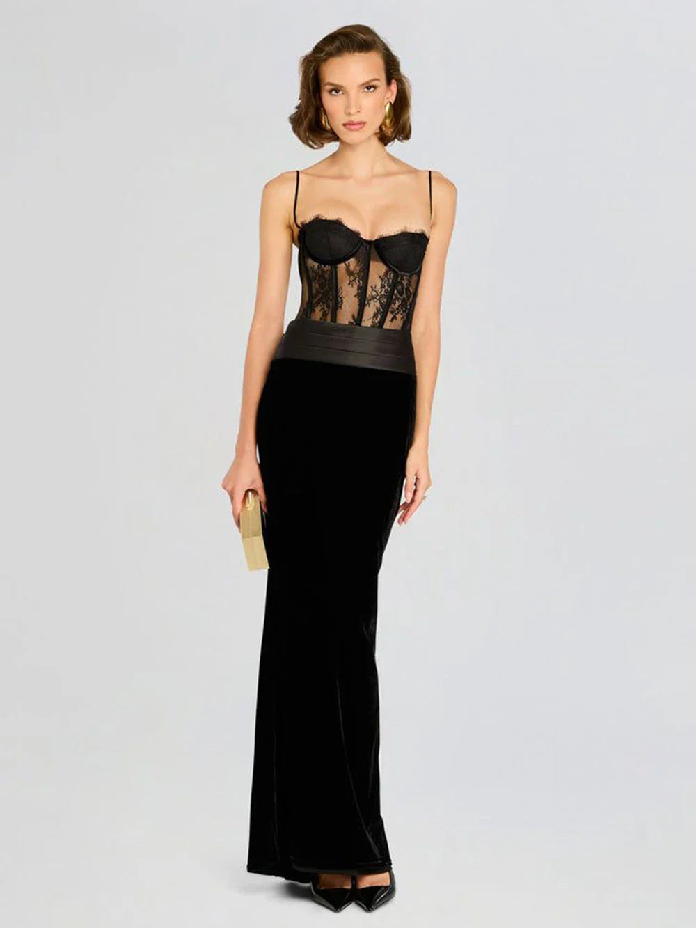 Black Lace Patchwork Strap Maxi Dress