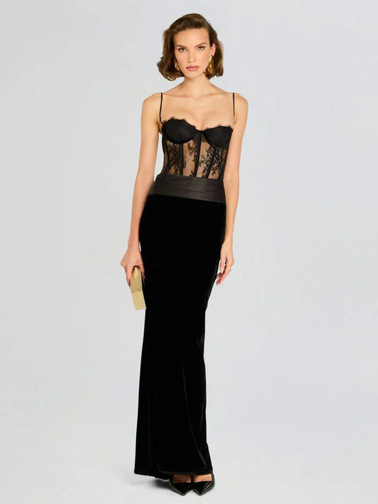 Black Lace Patchwork Strap Maxi Dress