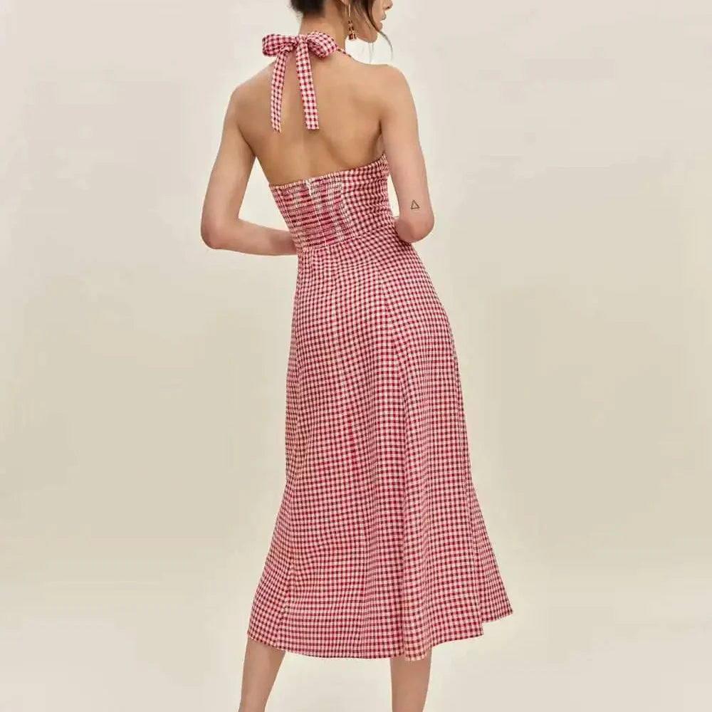 Red Checkered Halter Dress – Summer Picnic Slit Midi with Tie-Back