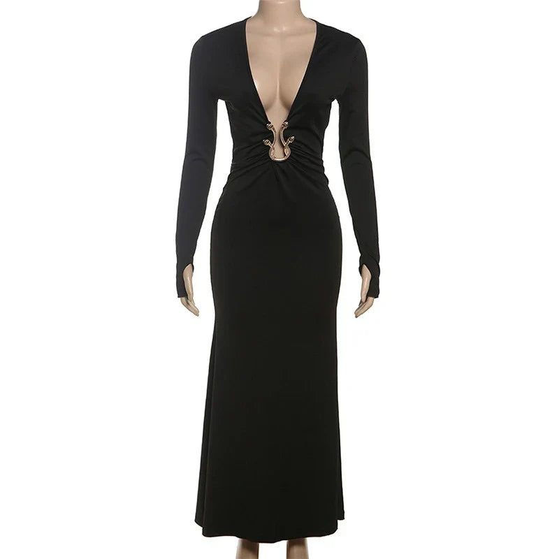 Black long-sleeve dress with a deep neckline on a mannequin