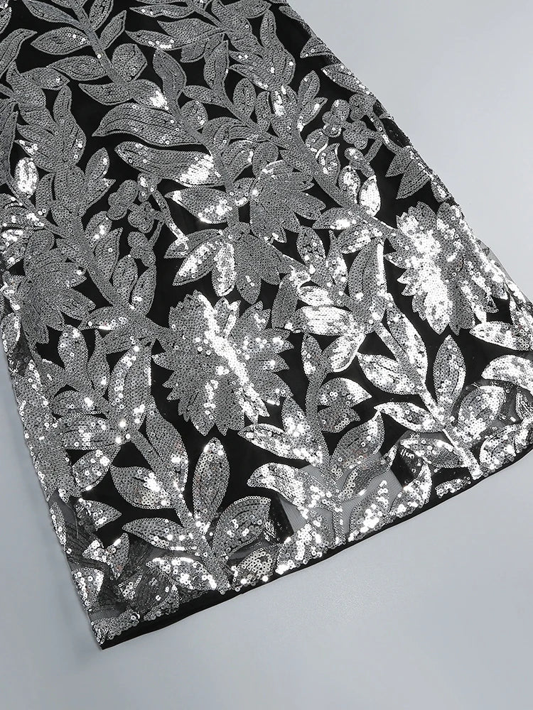 Silver Floral Sequin Halter Gown – Elegant Evening Dress