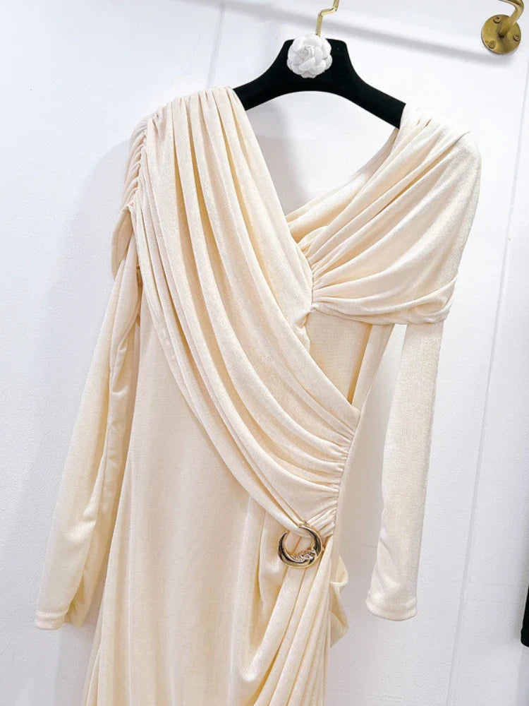 Red Asymmetrical Off Shoulder Folded Pin Gown | Slim Long Sleeve Evening Dress