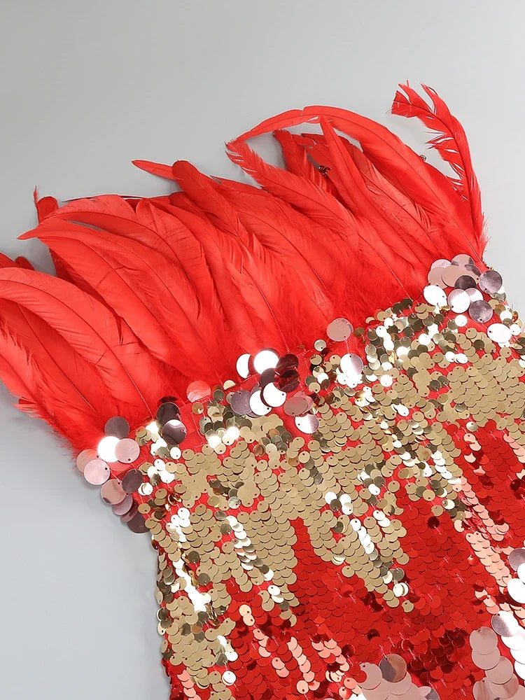 Red & Gold Feather Sequin Patchwork Strapless Gown
