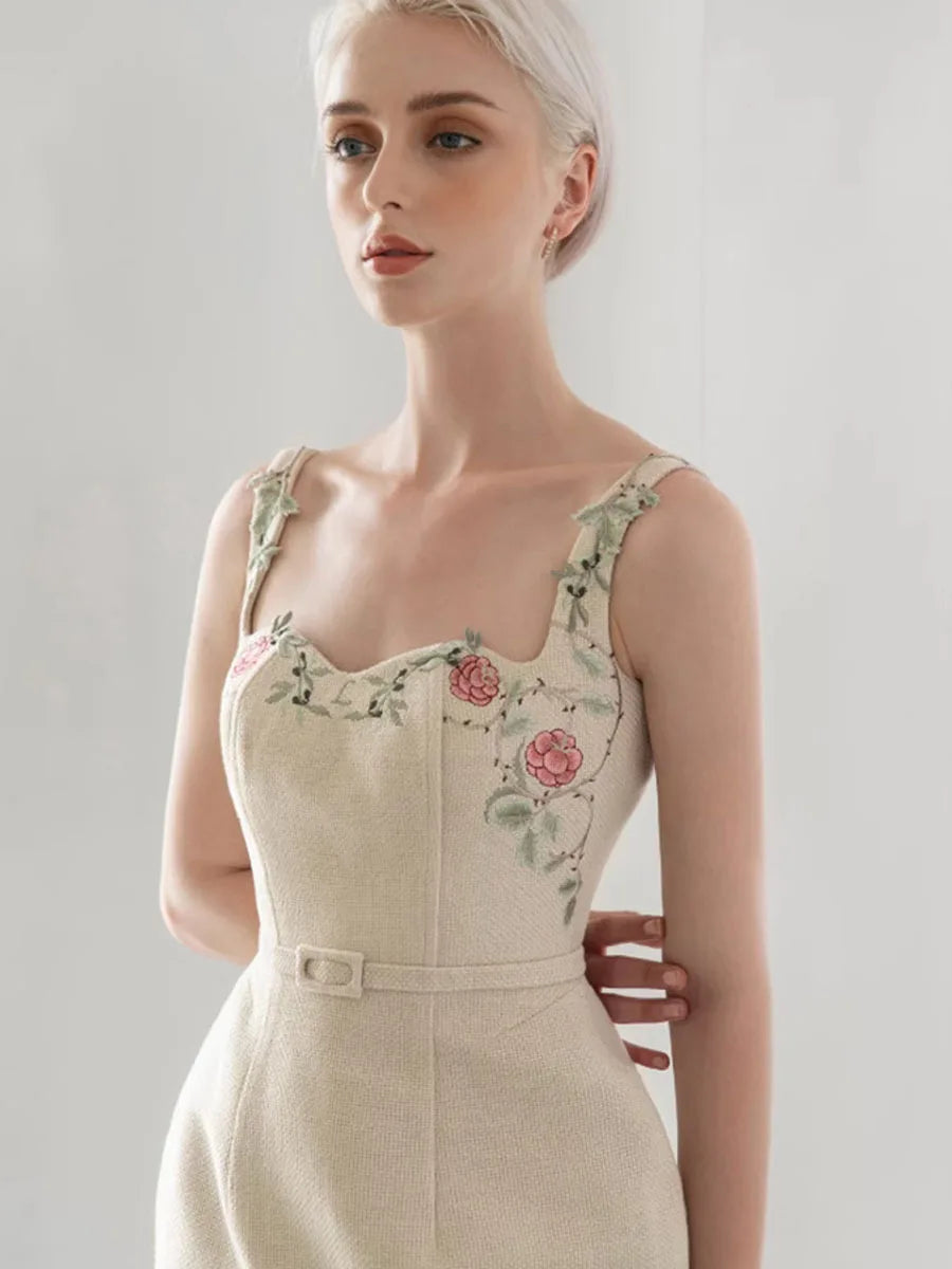 Beige Floral Embroidery Belted Sleeveless Midi Dress